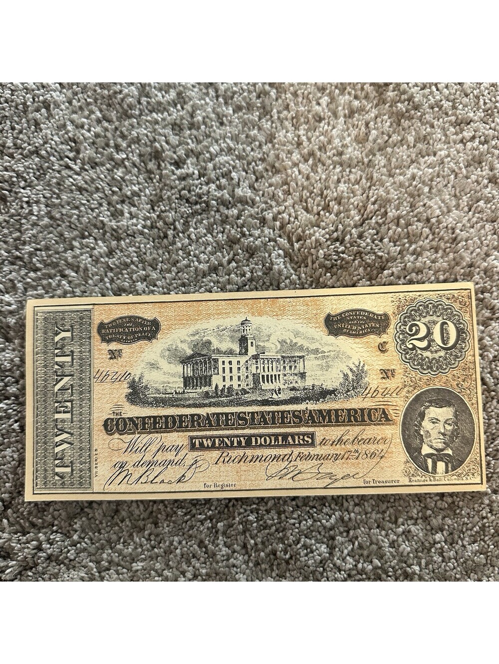 CONFEDERATED STATES OF AMERICA TWENTY DOLLAR BANKNOTE FACSIMILE  GOOD CONDITION